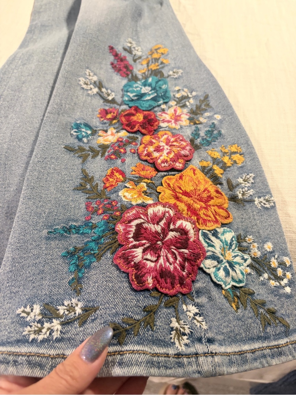 Free People Driftwood Farrah Embroidered Flare Jeans in Light Blue Floral Detail - Picture 6 of 9